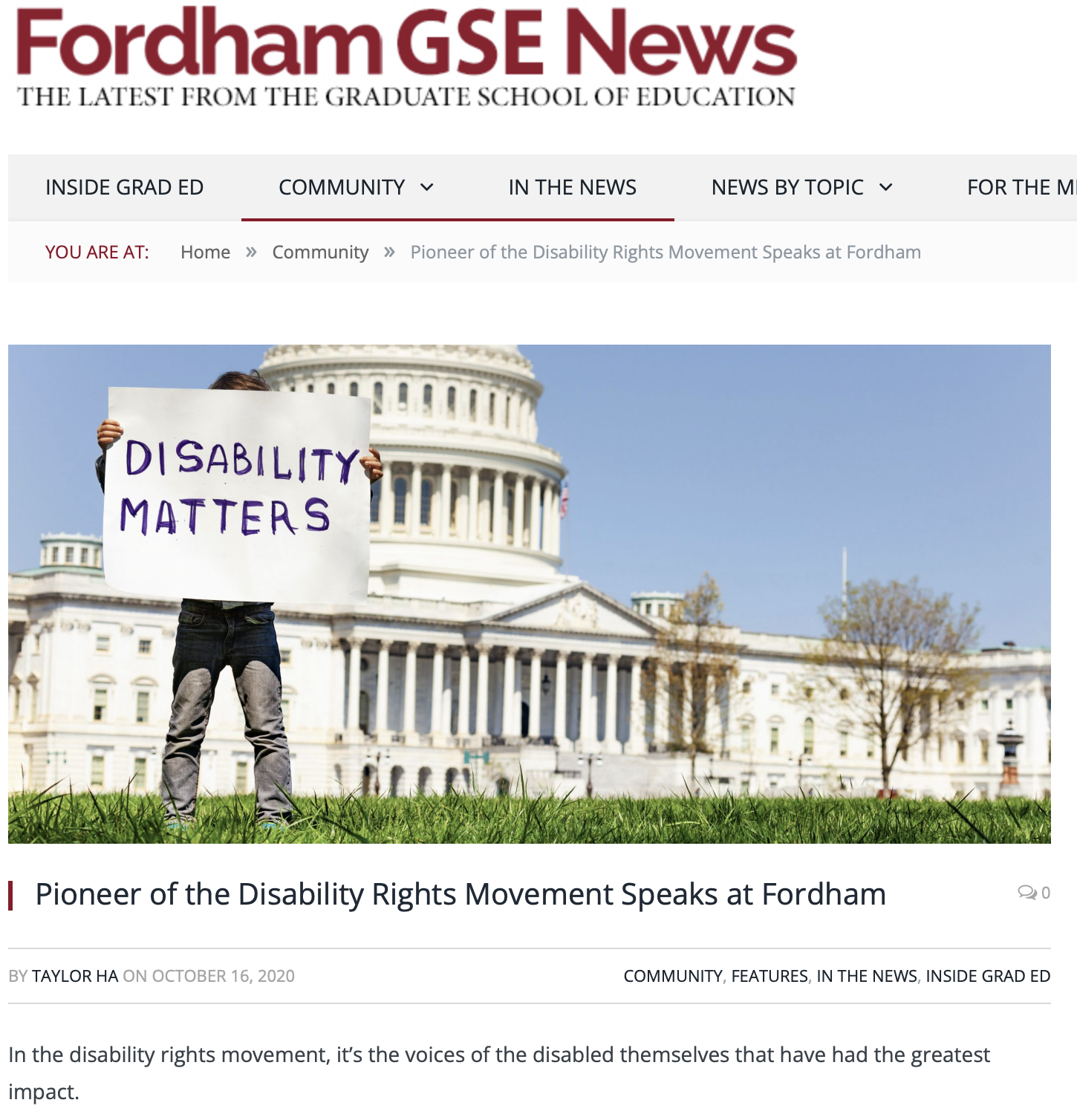 Pioneer of the Disability Rights Movement Speaks at Fordham: A Conversation with Judy Heumann