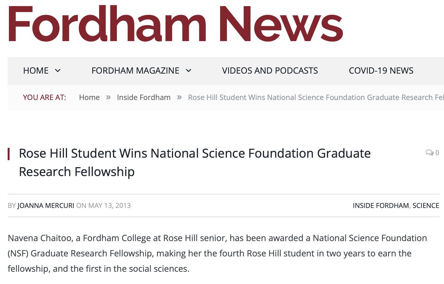 Rose Hill Student Wins National Science Foundation Graduate Research Fellowship